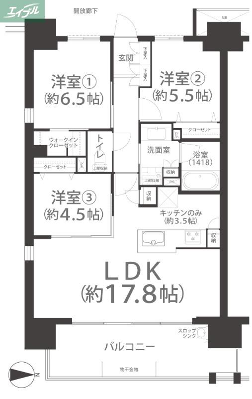 ポレスター岡山運動公園(3LDK/12階)の間取り写真