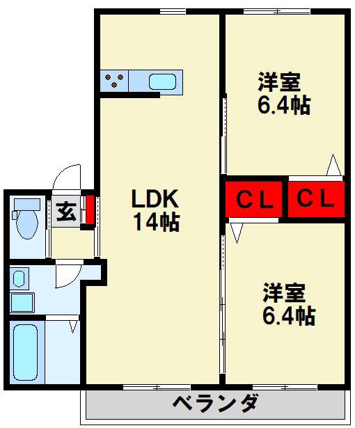 ハレコホラ戸畑(2LDK/2階)の間取り写真