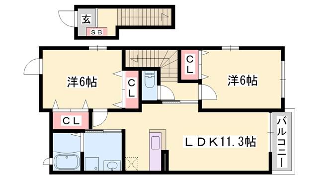 ヒルサイド緑ヶ丘B(2LDK/2階)の間取り写真
