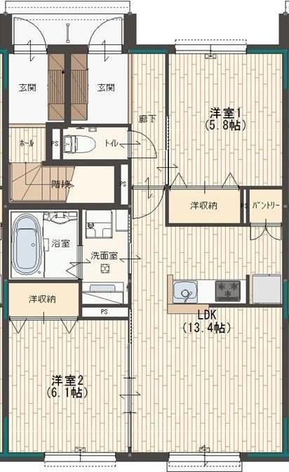 フェリオ勝原(2LDK/1階)の間取り写真