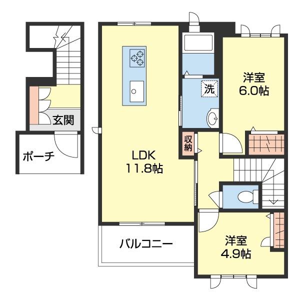 サンクイール B棟(2LDK/2階)の間取り写真