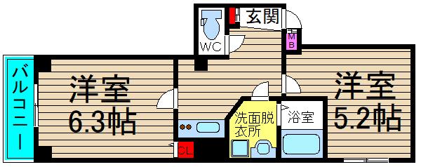 ギャレナンバ(2K/6階)の間取り写真