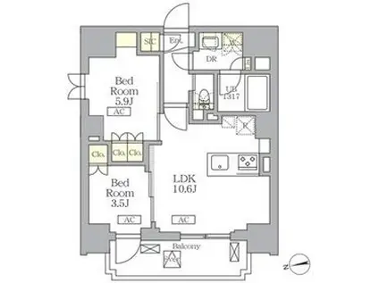 ザ・ライオンズフォーシア文京湯島(2LDK/4階)の間取り写真