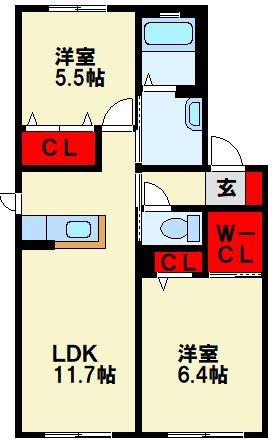 シャーメゾン吉田 B棟(2LDK/2階)の間取り写真