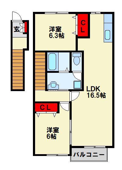 グランドステージI B棟(2LDK/2階)の間取り写真