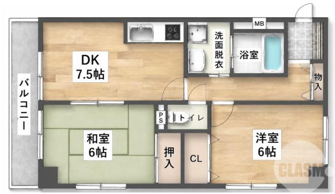 シャレー北花田(2DK/3階)の間取り写真