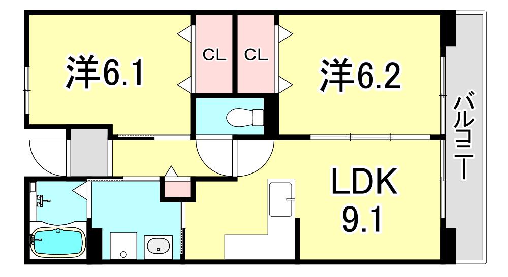 UR浜甲子園さくら街 19号棟(2LDK/2階)の間取り写真