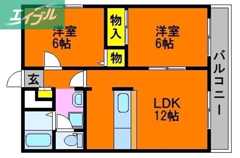 JR吉備線 備前三門駅 徒歩28分 5階建 築30年(2LDK/2階)の間取り写真