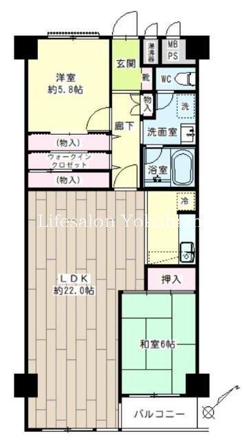 東寺尾ハイツA棟(2LDK/5階)の間取り写真