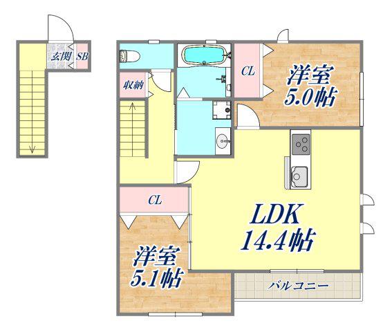 クレストコート伊丹南(2LDK/2階)の間取り写真