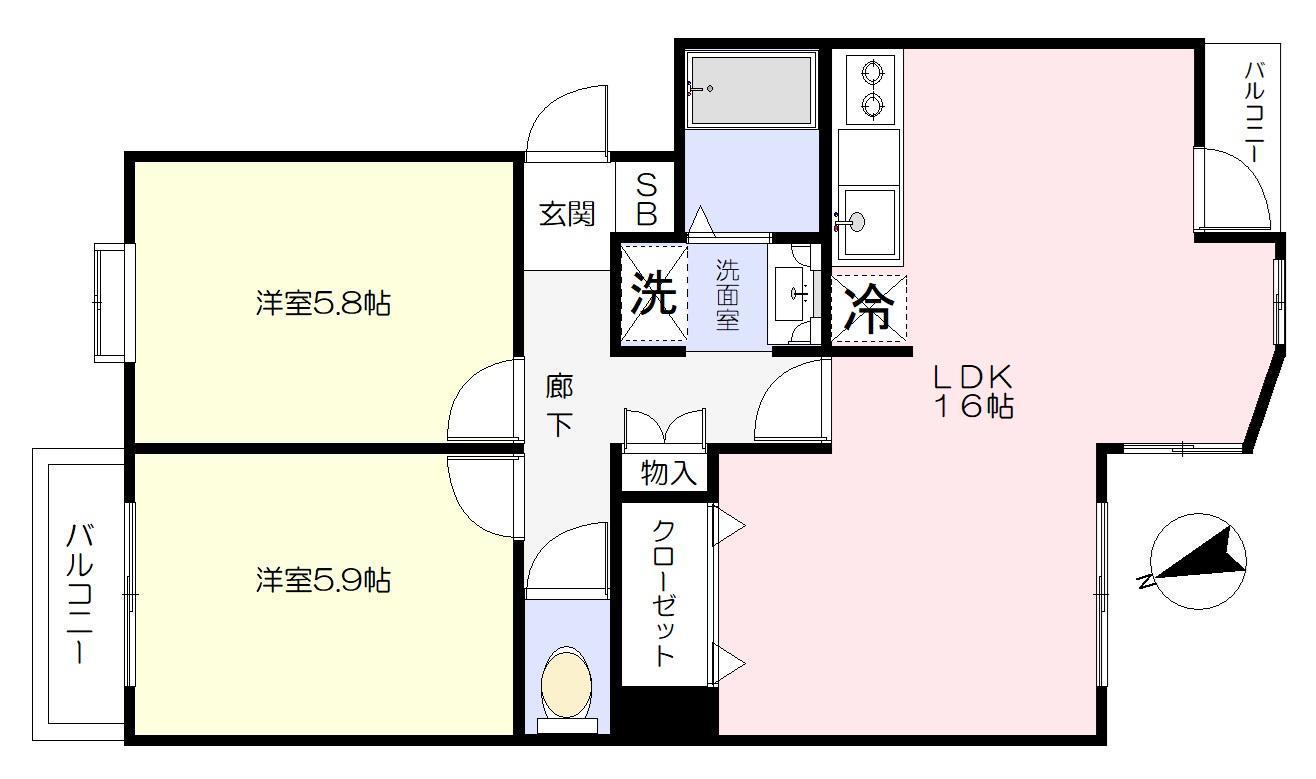 ヒルサイドフラッツII(2LDK/2階)の間取り写真