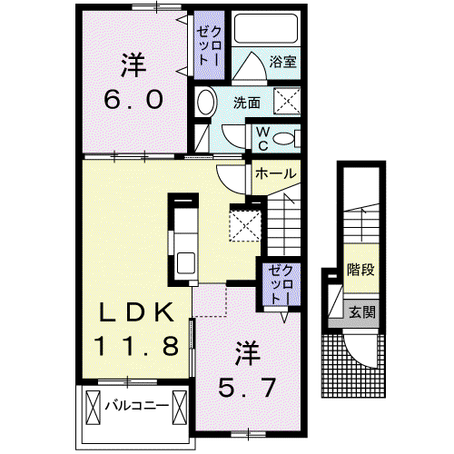 アウロ一ラ古祖原II A(2LDK/2階)の間取り写真