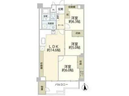 京王北野マンション四(3LDK/1階)の間取り写真