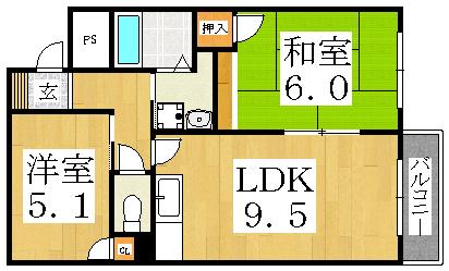 US-1住吉(2DK/3階)の間取り写真