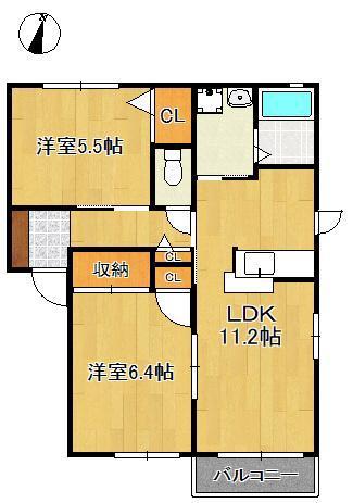 ハーティストN D棟(2LDK/1階)の間取り写真