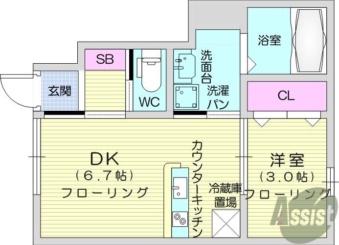 プレモリー長町南B棟(1DK/1階)の間取り写真