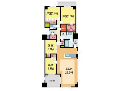 パークシュロス芦屋(4LDK/3階)の間取り写真