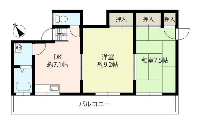 ハイコーポ羽曳が丘(2DK/1階)の間取り写真