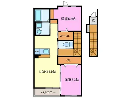 シェルル・ロココモダンII本沢合(2LDK/2階)の間取り写真