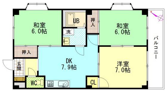 セントラルリバーC棟(3DK/2階)の間取り写真