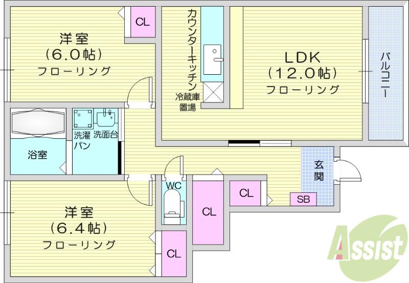 ウエストパル城南 A棟(2LDK/1階)の間取り写真