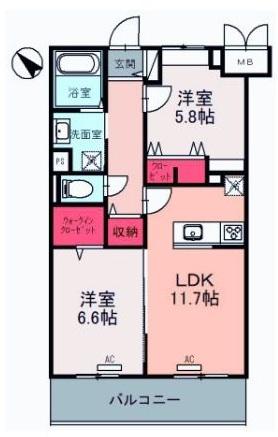 石田シティ新都心(2LDK/2階)の間取り写真