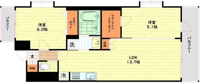 スプランディッド難波ウエストII(2LDK/6階)の間取り写真