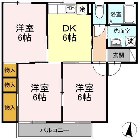 シャトル春水C棟(3DK/2階)の間取り写真