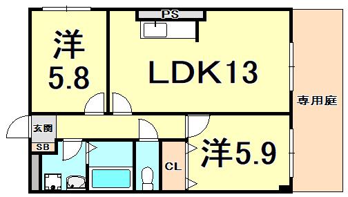 ファミーユ仁川(2LDK/1階)の間取り写真