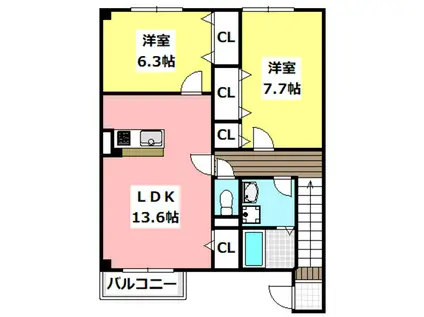 ディアコート(2LDK/2階)の間取り写真