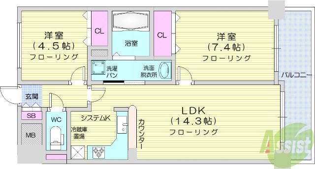 パシフィック五橋(2LDK/4階)の間取り写真