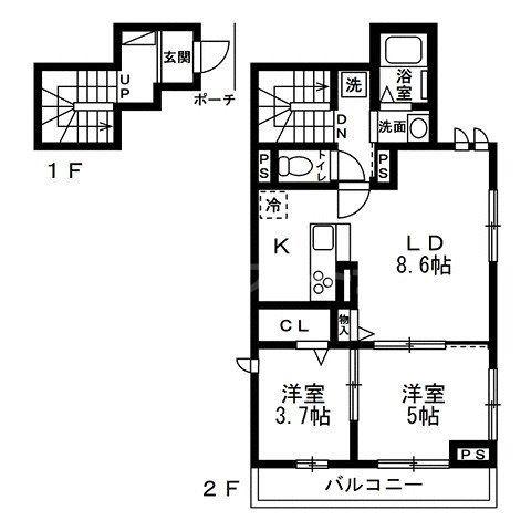 足立区大谷田AS0519 長屋(2LDK/2階)の間取り写真