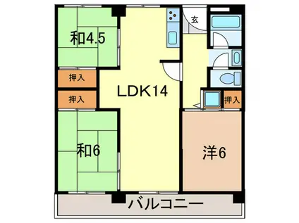 西芦屋グリーンハウス(3LDK/6階)の間取り写真