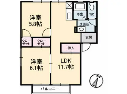 グレースフジ B棟(2LDK/2階)の間取り写真