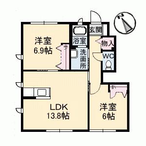 ラ・パルテール金岡東町 弐番館(2LDK/1階)の間取り写真