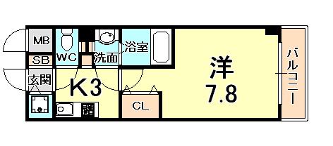 レジュールアッシュ西宮アーバンテラス(1K/7階)の間取り写真