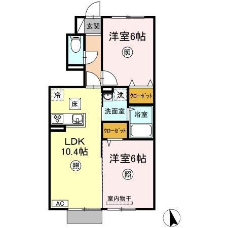 ラウレア福田B棟B棟(2LDK/1階)の間取り写真
