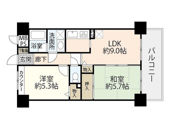 ライオンズマンション岡山南(2DK/10階)の間取り写真