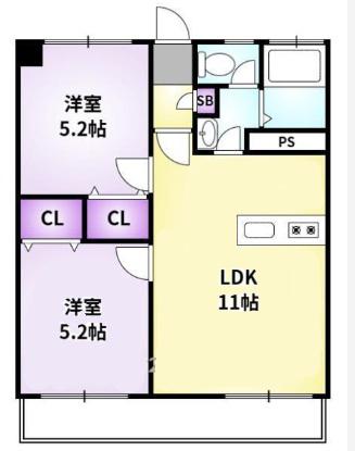 千本杉コーポ(2LDK/4階)の間取り写真