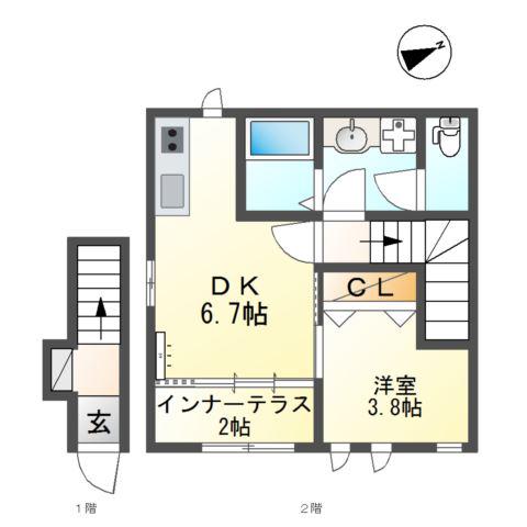 コンフォール横木 II(1DK/2階)の間取り写真