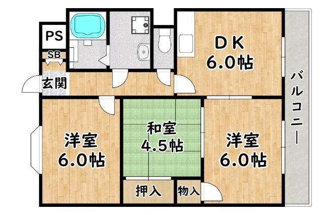 千舟リバービューマンション(3DK/6階)の間取り写真
