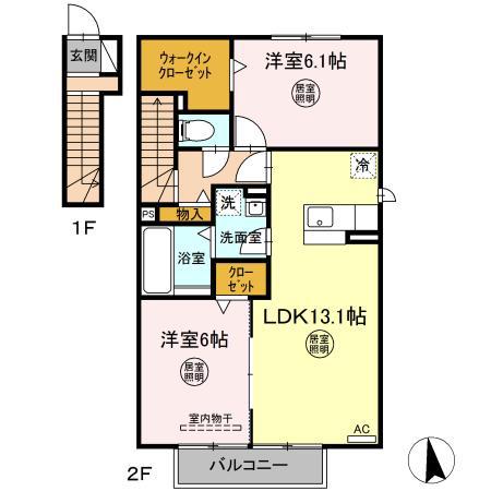バンブー スカイ C(2LDK/2階)の間取り写真