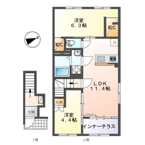 シャインテラス・アベニール(2LDK/2階)の間取り写真