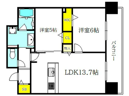 クレストコート同心(2LDK/10階)の間取り写真