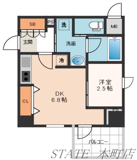 シーズンフラッツ新町(1DK/2階)の間取り写真