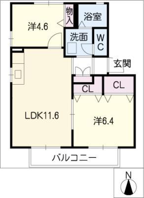 サンハイツ徳重II(2LDK/1階)の間取り写真