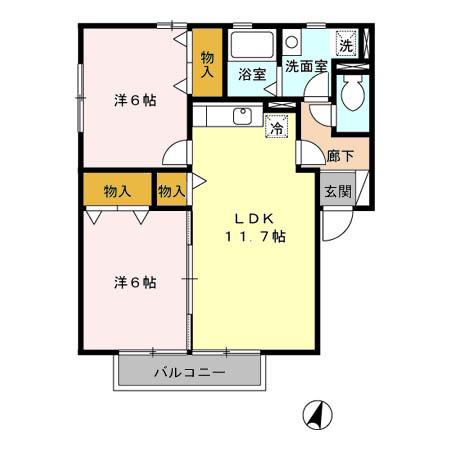 ローズハイム馬渡A棟(2LDK/2階)の間取り写真