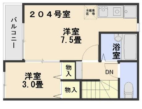 シャンブル極(1DK/2階)の間取り写真