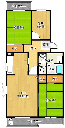 鹿の子台北ハイツ(3LDK/5階)の間取り写真
