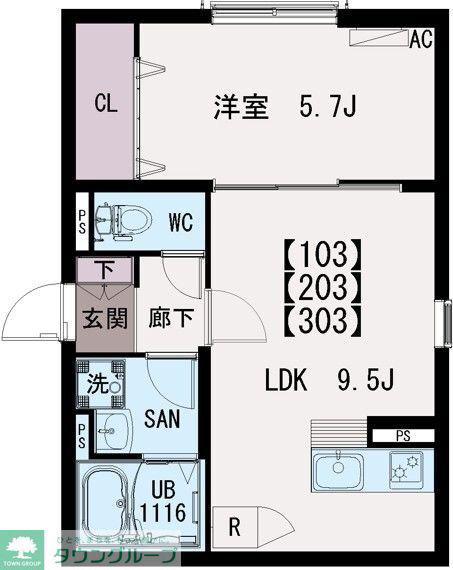 IRIS COURT TX六町(1LDK/1階)の間取り写真